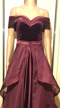 Load image into Gallery viewer, Brand new Wine  Red  Satin &amp; Velvet Fabric  Prom  Gown Evening  Dress  UK  Size 6, 8,10 ,12 ,14