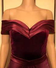 Load image into Gallery viewer, Brand new Wine  Red  Satin &amp; Velvet Fabric  Prom  Gown Evening  Dress  UK  Size 6, 8,10 ,12 ,14