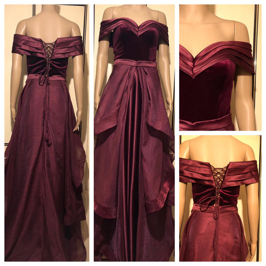 Brand new Wine Red Satin &Velvet Fabric PromGown Evening DressUK Size6,8,10,12,14