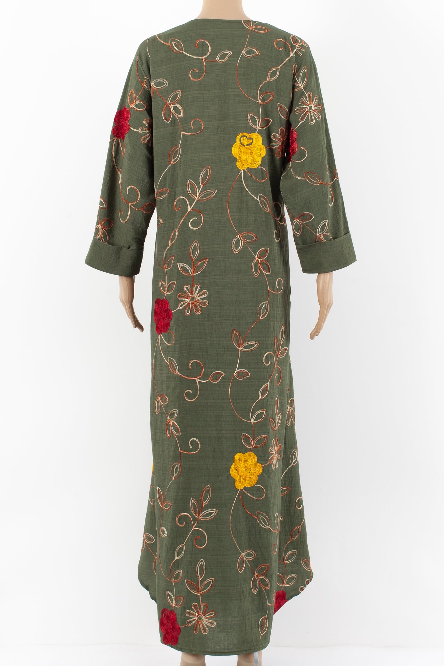 Green embroidered maxi jalabiyah kaftan.