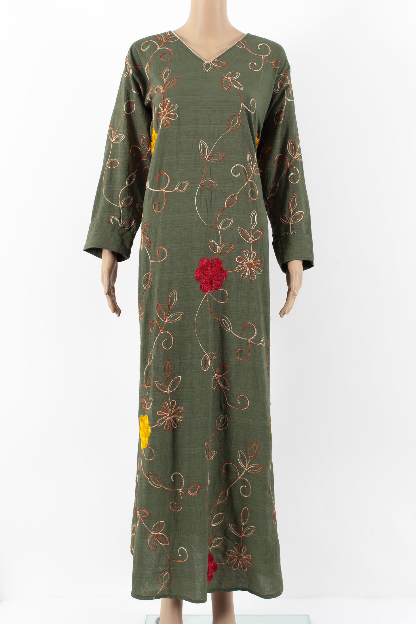 Green embroidered maxi jalabiyah kaftan.