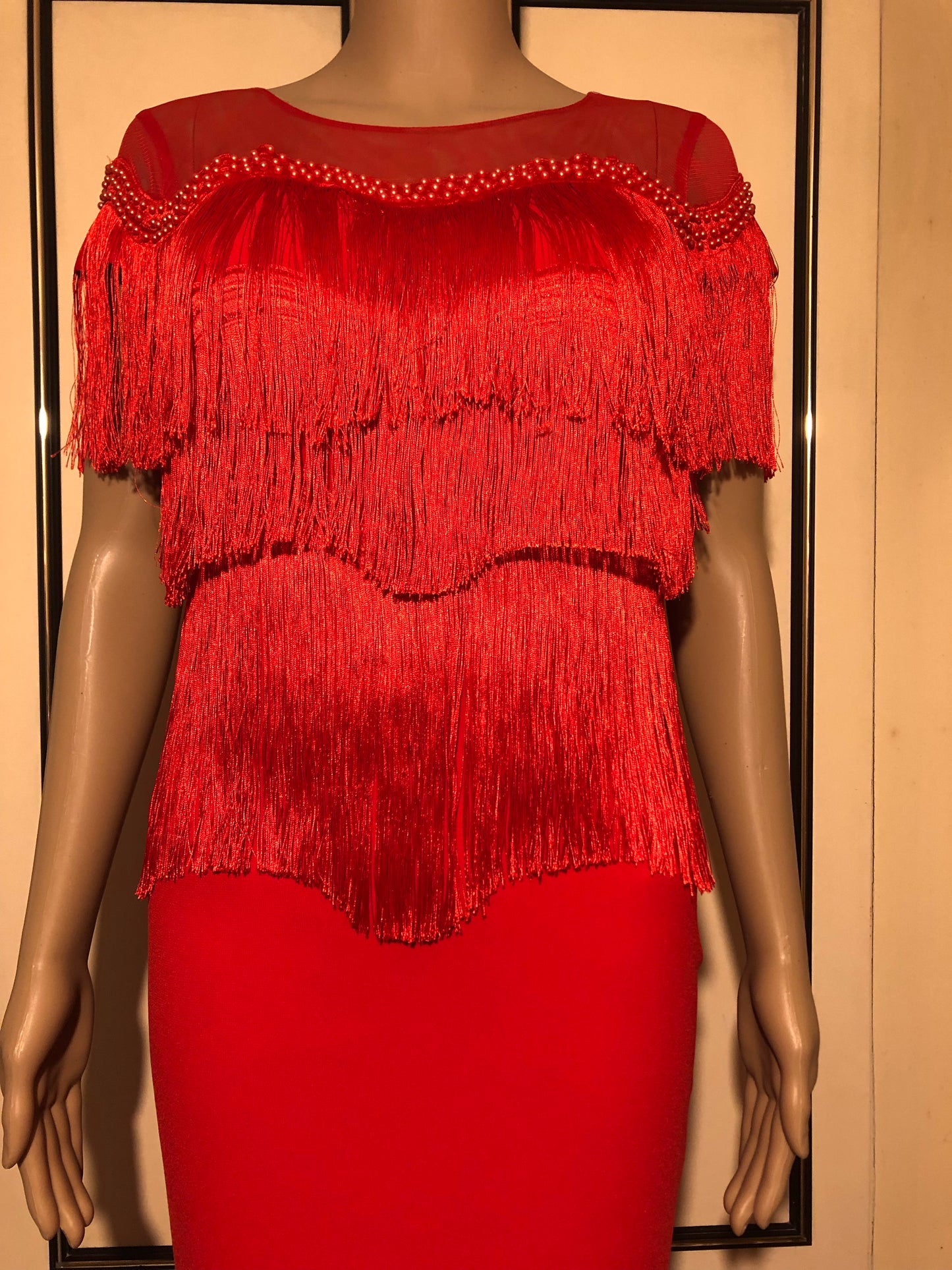 Untamed Chilly Red Fringe Gown Evening Dress